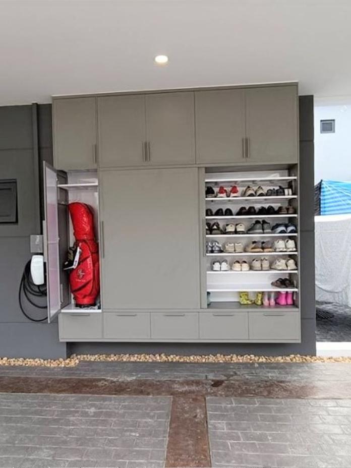 ตู้รองเท้าตู้เก็บของ บานอบสีเทาเทคเจอร์