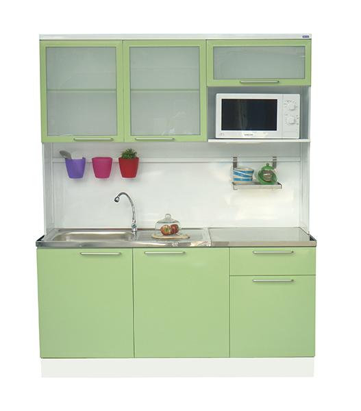 ตู้ครัวสำเร็จรูป-บานสีเขียว-ท๊อปสเตนเลส